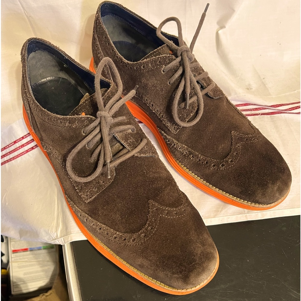 Cole Haan brown sports suede Oxford shoes size 11. Orange bottom good cond.